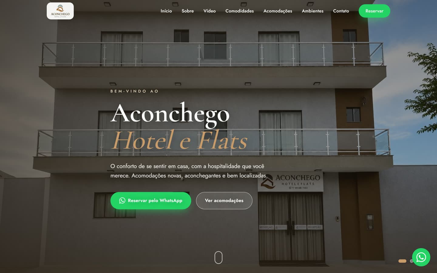 Site do Aconchego Hotel e Flats, criado pela Mainly e no ar hoje