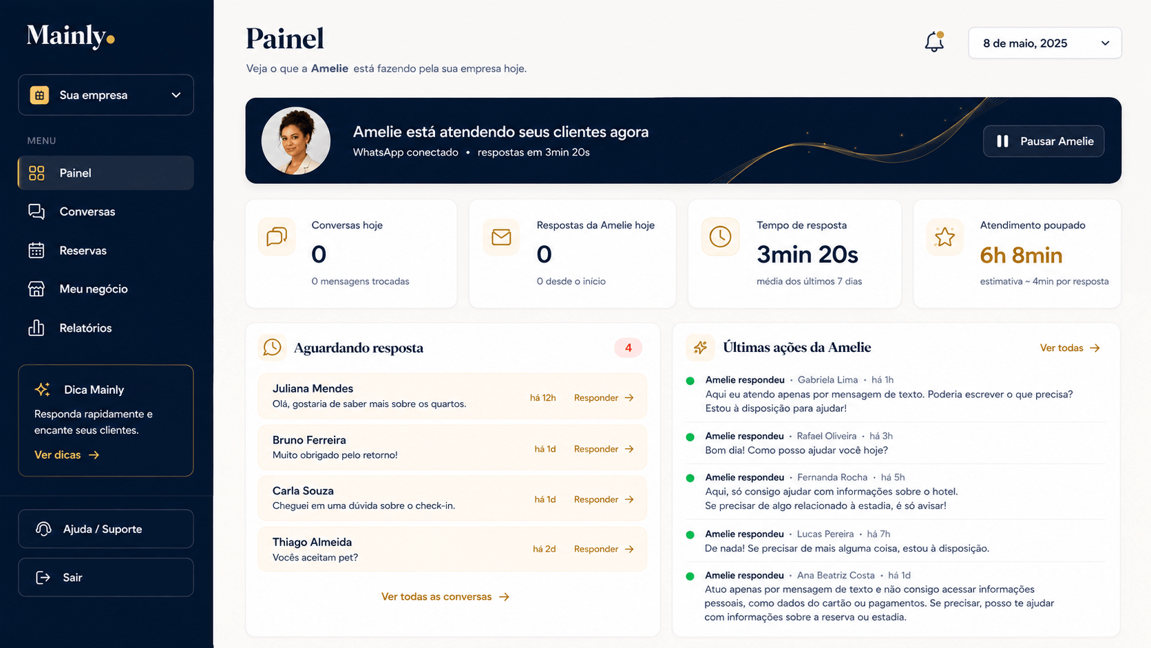 Painel da Mainly mostrando conversas, tempo de resposta e as últimas ações da IA